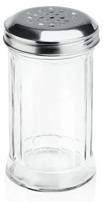 A clear studio shot of a sugar shaker.