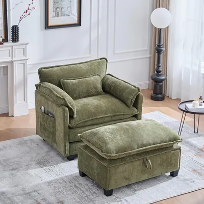 Image de MODFU Fauteuil Relax - Coussins Amovibles 3 Places Accoudoirs À Poches Revêtement Chenille Vert
