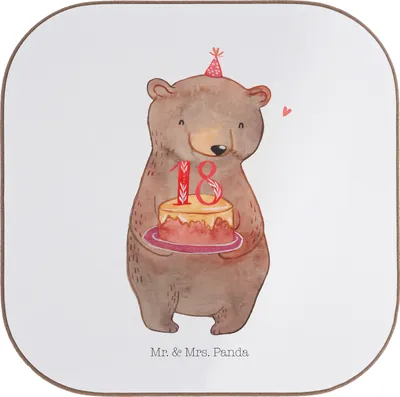 Produktbild von Mr. & Mrs. Panda Tassenuntersetzer Bär Torte 18. Geburtstag - Weiß - Geschenk, Kuchen, Untersetzer Tasse, Coaster, Tischuntersetzer, Gläser, Glas, gläseruntersetzer