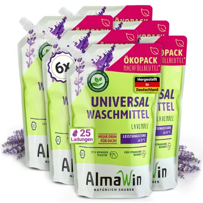 Produktbild von AlmaWin® Universal Waschmittel Flüssig [6x 1,5L - 150 Ladungen] mit Lavendelduft - Flüssigwaschmittel sauber ab 30°C - Waschmittel für Weißes & Buntes im Öko-Pack Nachfüllbeutel - Öko & VEGAN