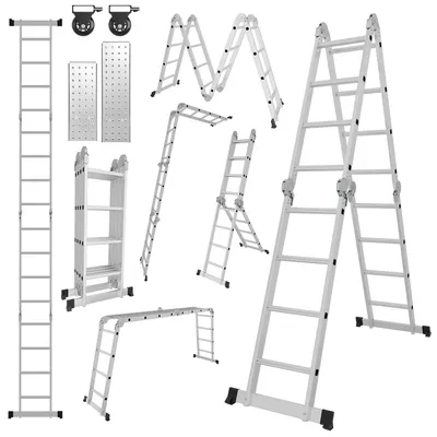 Image de Échelle multifonctionnelle en aluminium Eikuavons 7 en 1, avec 4 marches, environ 470 cm / 4,7 m, échelle pliante articulée avec plateformes, roulettes et surface antidérapante, capacité de charge maximale de 150 kg