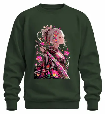 Image de Pull à capuche pour femme, style anime, motif samouraï, katana, kimono, lotus, inspiration japonaise, style années 2000, manga, otaku, couleur vert bouteille, taille M
