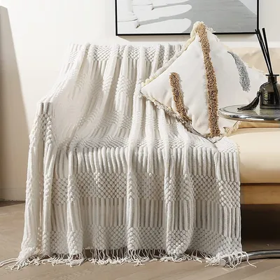 Produktbild von Gestrickte Decke Mit Quaste Einfarbig Blasenmuster Kuscheldecke Strickdecke Tagesdecke Überwurf Couchdecke Dekorative Decke Für Sofa Bett 130*230cm