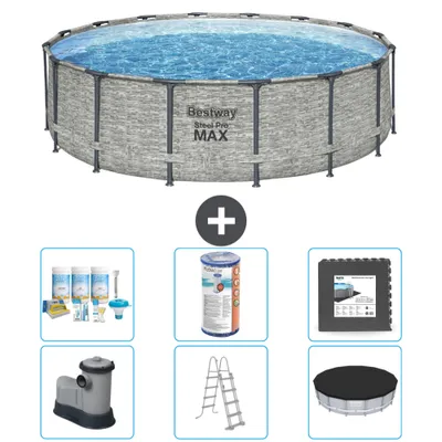 Obrázek produktu pro Kulatý bazén Bestway Steel Pro MAX - s potiskem kamene - 488 x 122 cm - včetně čerpadla - žebříku - krycího balíčku pro údržbu - filtrace - dlažby