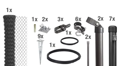 A collection of fence installation components, including wire mesh, posts, connectors, and stakes, displayed against a white background.