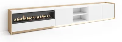 Image de Meuble tv effet bois blanc et chêne 310x37x50cm cheminée effet feu