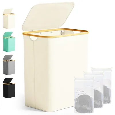 Productafbeelding van Ribelli Grote wasmand, 141 liter, inklapbare wasmand met 3 compartimenten en deksel