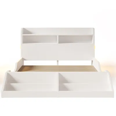 Produktbild von Flieks Kinderbett 140x200cm mit Ablagen und abnehmbarem Ablagefach, Jugendbett Doppelbett mit Nachtlichtern, Holzbett Klassisches Bett, Weiß