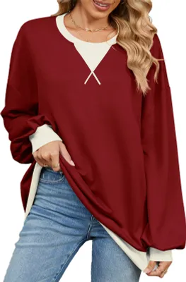 Produktbild von ASKSA Damen Sweatshirt Oversized Farbblock Rundhals Casual Langarmshirt Oberteile Herbst Y2K Shirt (Weinrot,XL)