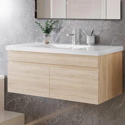 Produktbild von 100cm Mineralguss Waschtisch mit Unterschrank Badmöbel Set mit Türs Soft-close - Eiche Matt