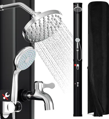 Image de Douche solaire Izrielar 35 litres avec colonne en noir – Kit complet avec housse de protection, douchette à main et bouchon de vidange (douche de jardin, douche de piscine)