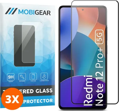 Produktbild von Mobigear Premium 9.98 Xiaomi Redmi Note 12 Pro Plus Panzerglas Gehärtetes Glas Displayschutz - Hüllenfreundlich - Schwarz (3er Pack)