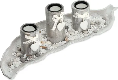 Produktbild von Relaxdays Teelichthalter Set mit Tablett & Steinen, 50,5 cm, Tischdeko Wohnzimmer, Esszimmer, Landhausstil, beige/weiß
