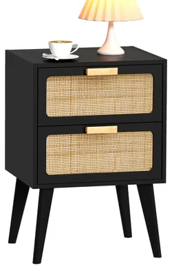 Rattan-Nachttisch mit 2 Schubladen, Boho-Stil, schwarz
