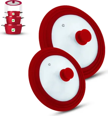 Produktbild von Universal Glasdeckel, Glasdeckel, Deckel, Töpfe und Pfannen, mit Auslassventil und Silikonrand. (2er Set,Rot)