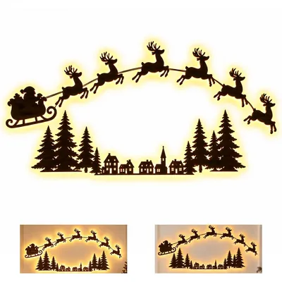 Produktbild von LED Weihnachtsdeko Holz, Weihnachtswanddeko mit Rentier & Weihnachtsmann, beleuchtete Wanddeko für Fenster, Tür und Zuhause