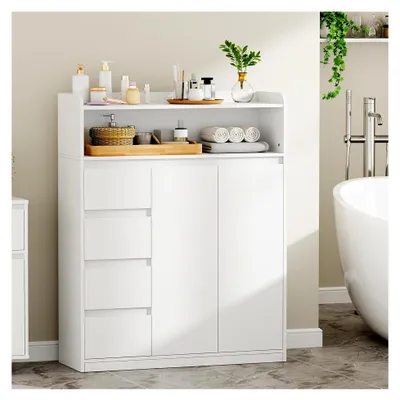 Produktbild von Badezimmerschrank mit 4 Schubladen und 2 Türen, 5-fach verstellbare Ablage, 110 × 80 × 30 cm, Weiß