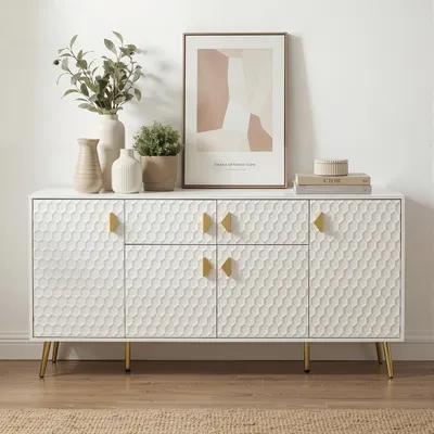 Produktbild von Weißes Sideboard mit 4 Türen & 2 Schubladen 160x40x80cm, 3D-Struktur Front, Goldene Akzente, Lackiertes MDF für Wohnzimmer