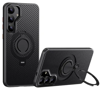 Image de Pour Samsung Galaxy S25 Plus : coque TPU 360° avec anneau MagSafe, motif carbone, noir