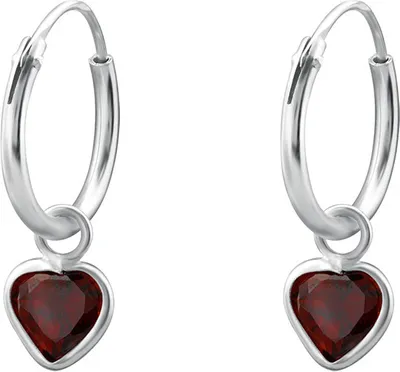 Produktbild von Creolen für Kinder: Mädchen Silber Ohrringe mit Zirkonia Herz CZ Garnet (rot)