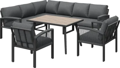 Produktbild von okwish Garten-Lounge-Set Essgruppe Möbelset für 8 Personen, Sitzgruppe mit Sofa&Tisch, großer Tisch mit Holzmaserung,mit verzinktem Eisengestell, Grau