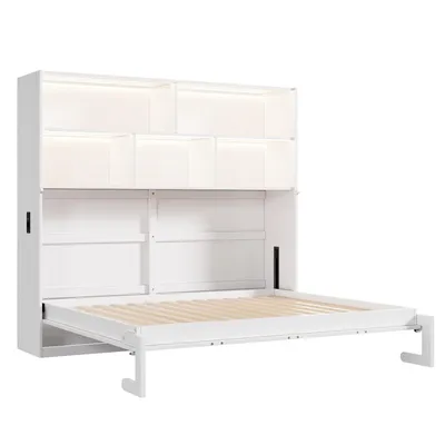 Produktbild von Flieks Schrankbett 90x200cm mit Led, Murphy-Bett mit Ladefunktion, Klappbett Gästebett mit Staufächern, Umwandelbares Einzelbett, Weiß