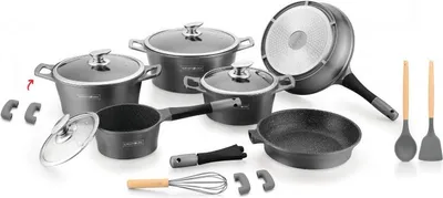 A collection of cookware and kitchen utensils arranged on a white background.