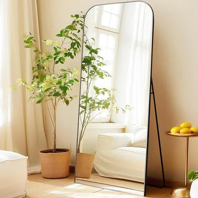 Produktbild von Gewölbter Bodenspiegel 179 x 65 cm Standspiegel Ganzkörper mit Schwarzer Aluminiumrahmen Aufhängen oder Anlehnen Wandspiegel für Schlafzimmer, Wohnzimmer