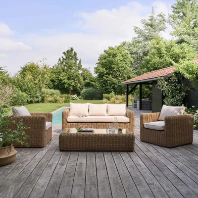 Produktbild von Gartenmöbelset mit 5 Sitzplätzen aus geflochtener Creme-Rattan - Oviala Zanzibar