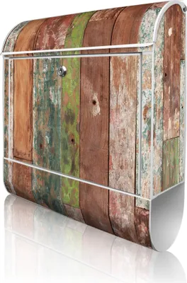 Produktbild von banjado Design Briefkasten Stahl weiß mit Zeitungsfach pulverbeschichtet "Buntes Holz" 38x46x12,5cm & 2 Schlüssel - Postkasten A4 Einwurf inkl. Montagematerial [BKW 12140]