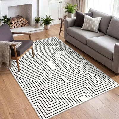 Produktbild von Tribesigns Waschbarer Teppich Wohnzimmer, 160×230 cm Weicher Schwarz-Weiß Schlafzimmerteppich, Geometrischer Flachflorteppich Esszimmer und Büro