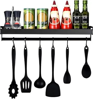 Produktbild von Famanu Küchenregal Wandregal mit 6 Haken - Schwarz