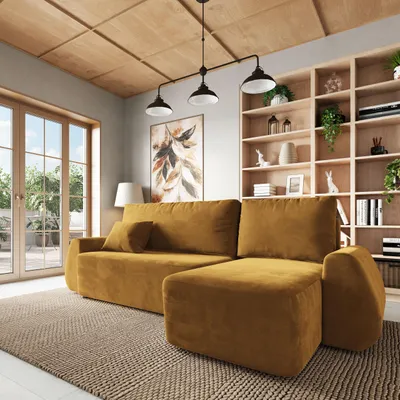 Produktbild von Masseno Ecksofa GALVIS mit Schlaffunktion L-Form, Sofa mit Bettkasten, Wohnzimmersofa, Couch, Soffa, Bettsofa, Couchgarnitur- Gelb, MONOLITH 48