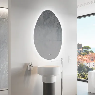 Produktbild von Unregelmäßiger asymmetrischer Spiegel mit LED Beleuchtung 94 x 124 cm - mit LED Beleuchtung - LED Farbe Kaltweiß 7000K - Individuell Nach Maß - Beleuchtet Wandspiegel Lichtspiegel Badezimmerspiegel - Sensor Schalter - GRU221
