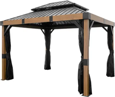 Produktbild von Sojag Alu Pavillon Fontana 1012 Hardtop Pavillon mit Moskitonetz Holzoptik/Schwarz 298x363x310 cm
