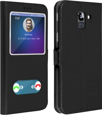 Produktbild von Avizar, Klappetui mit Doppelfenster und Standfunktion für Samsung Galaxy J6, Schwarz