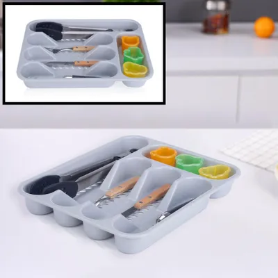 Productafbeelding van Besteklade - Met 5 Vakken - Bestekbak - Kunstof - Bestekbakken - Keukenla bestek organizer - 26 x 33 x 4.5 Cm - Grijs