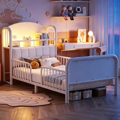 Produktbild von ELANDEPOT Metall-Kinderbett 90 × 200 cm Weiß LED-Beleuchtung Stauraum Rausfallschutz Türen Metall für Kinderzimmer