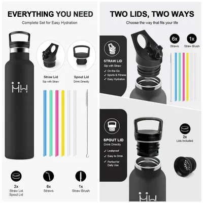 Produktbild von Thermosflasche 1L, Isolierflasche für Sprudel, Trinkflasche mit Strohhalm