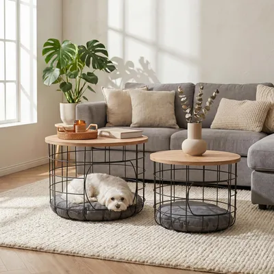 Produktbild von Carenza Home Beistelltisch 2er Set Katzennest mit Kissen, Couchtisch rund Metall Holz Industrial, Sofatisch mit abnehmbarer Holzplatte, Katzenkorb