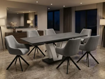 Produktbild von ENDO-Möbel Essgruppe "Lara White" - Esstisch ausziehbar 130-210cm in Beton Dunkel für 6 Personen mit Stühlen in Samt-hellgrau