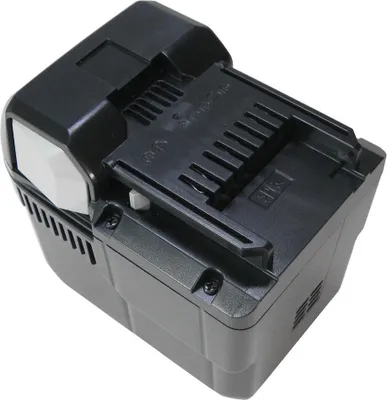 A black and gray power tool battery pack is shown from a slightly elevated angle against a white background.