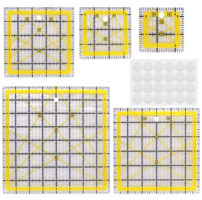 Produktbild von Patchwork Lineal Set - 5-teilig mit Winkelanzeigen und rutschfesten Griffen - Hitzebeständiges Bügellineal für Stoffhandwerk und Nähen - Gelb
