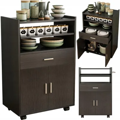 A collage of kitchen storage units, including a rolling cart and a cabinet with shelves and drawers.
