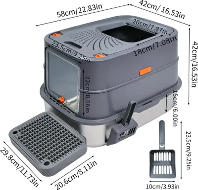 Zdjęcie produktu dla Kuweta dla kota ze stali nierdzewnej - kuweta dla kota, model XL - całkowicie zamknięta - 58x42x42 cm - z pokrywą - wysokie ścianki - idealna dla dużych kotów