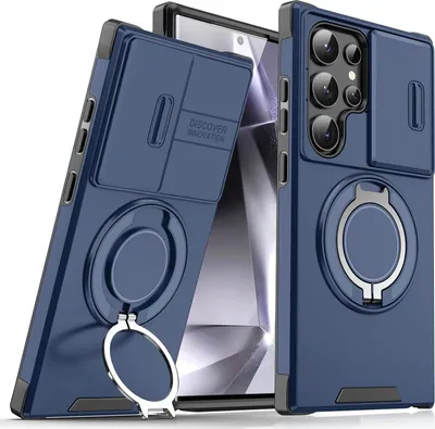 Obrázek produktu pro Dvouvrstvé pouzdro pro Samsung Galaxy S23 Ultra, s posuvným krytem fotoaparátu a magnetickým kroužkovým stojánkem Modrý