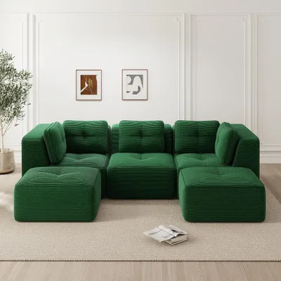 Immagine prodotto di Divano modulare "Cord" verde, divano ad angolo con poggiapiedi, 3 posti, dimensioni 297x177 cm, seduta profonda, resistente ai graffi e senza necessità di montaggio, divano per soggiorno