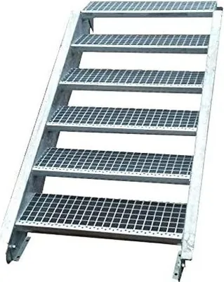 A galvanized steel staircase with six steps against a white background.