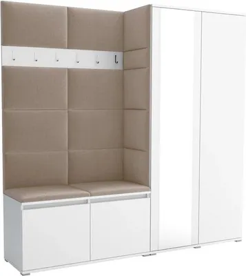 Produktbild von Garderoben-Set Noris IV mit Spiegel, gepolsterte Garderobe mit Sitzbank, Wandpaneelen und Stauraum (Farbe: Weiß + Trinity 04)