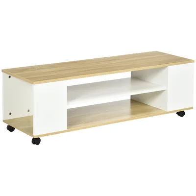 Produktbild von HOMCOM TV-Schrank, TV Lowboard mit Rollen, Fernsehtisch mit 2 Offenen Fächern, Fernsehschrank für TV-Geräte bis zu 55 Zoll, TV Board für Wohnzimmer, Weiß+Natur 120 x 40 x 38,5 cm